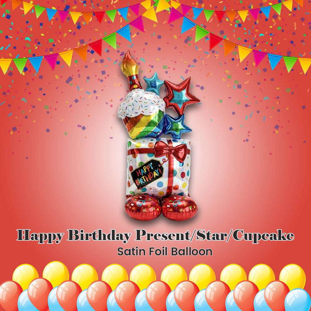 Happy Birthday Present/Star/Cupcake Satin Foil Balloon 55-in