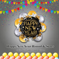 Happy New Year Round & Stars Satin Foil Supershape Balloon Bouquet 9-pk