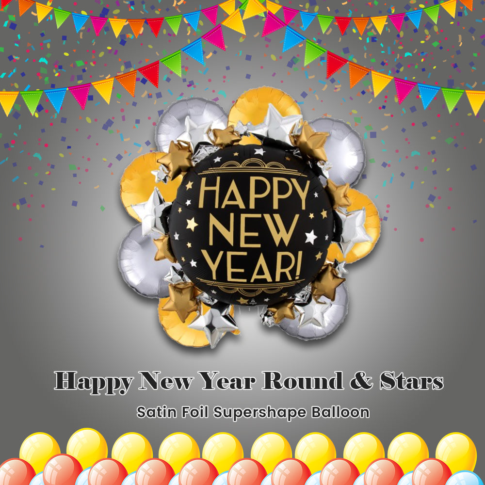 Happy New Year Round & Stars Satin Foil Supershape Balloon Bouquet 9-pk