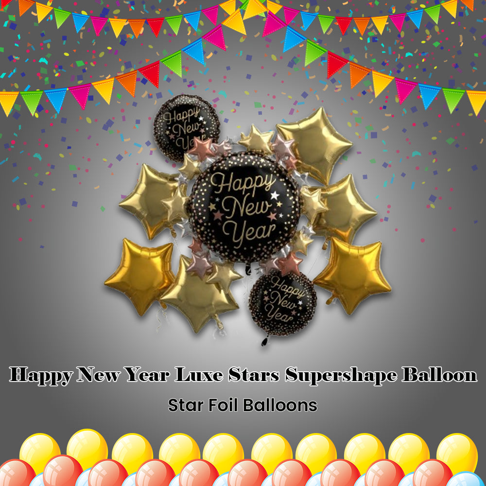 Happy New Year Luxe Stars Supershape Balloon Bouquet with Star Foil Balloons 7-pk