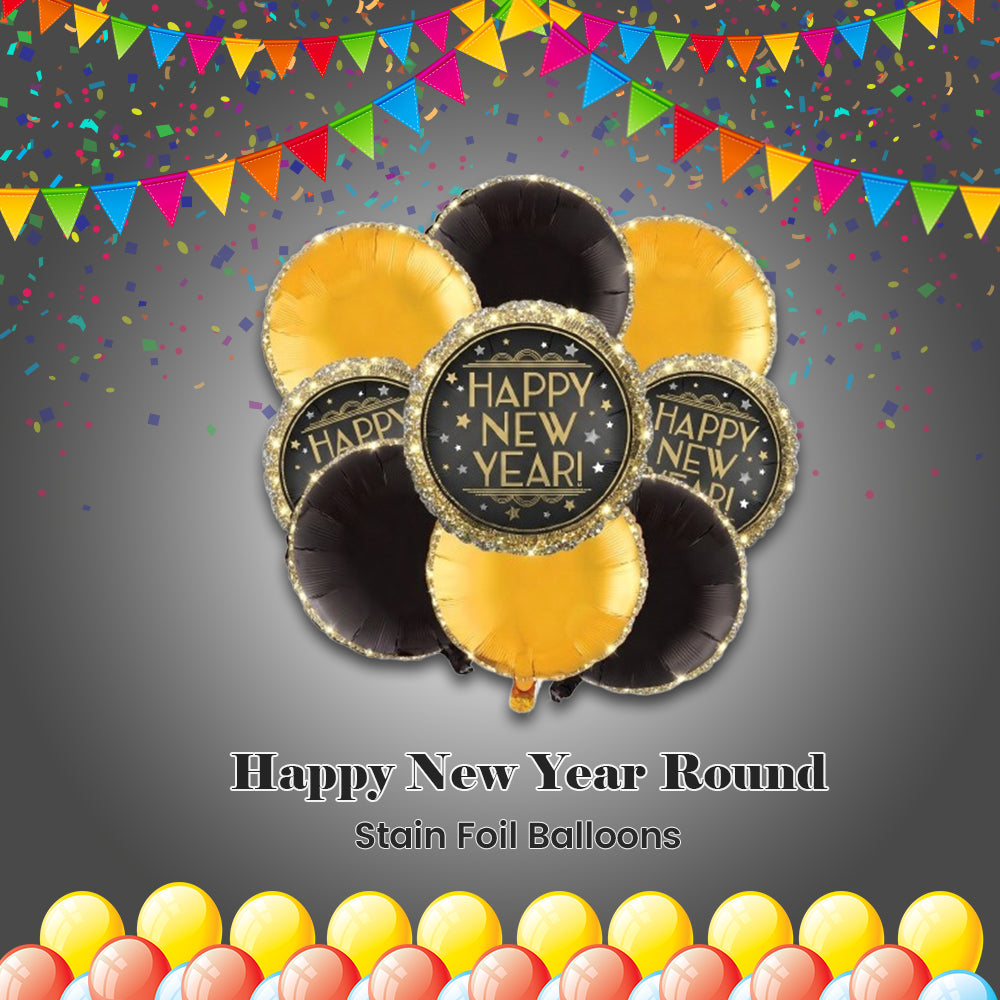 Happy New Year Round Satin Foil Balloon Bouquet with Foil Balloons 9-pk