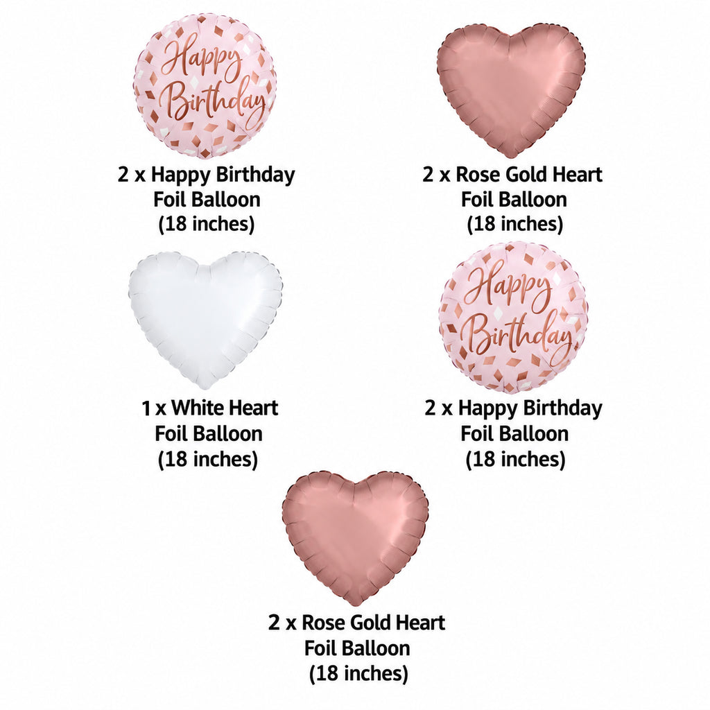 Happy Birthday Blush Balloon Bouquet with Heart Foil Balloons 9-pk