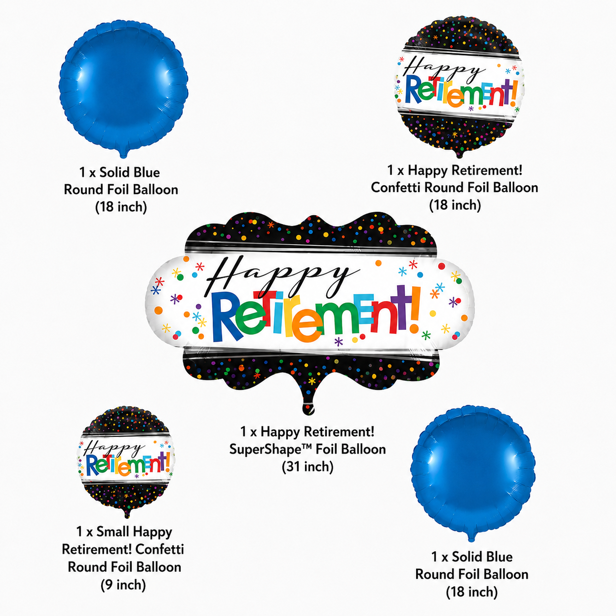 Happy Retirement Round Satin Foil Balloon Bouquet 5-pk