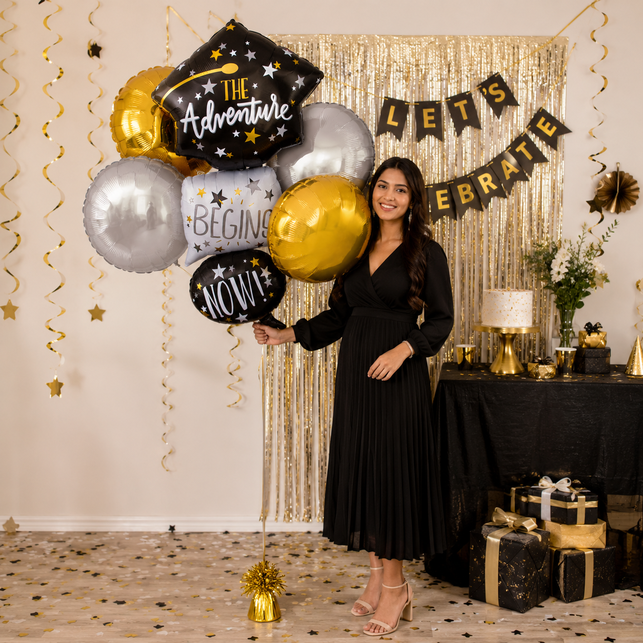 The Adventure Begins Now Stacked Graduation Cap Supershape Balloon Bouquet with Round Foil Balloons 5-pk