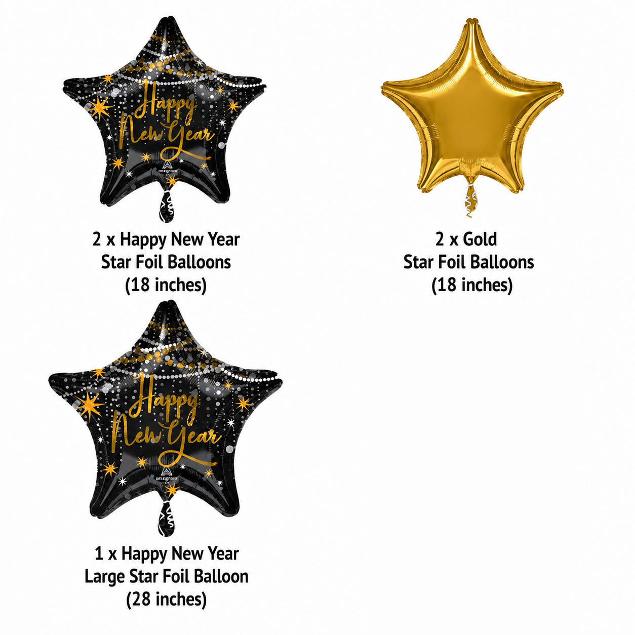 Happy New Year Star Satin Foil Balloon Bouquet 5-pk