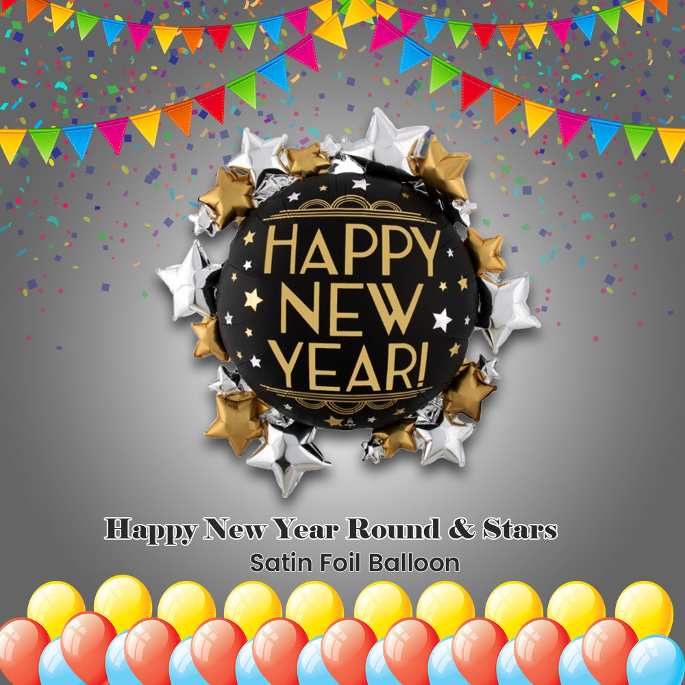 Happy New Year Round & Stars Satin Foil Balloon 30-in