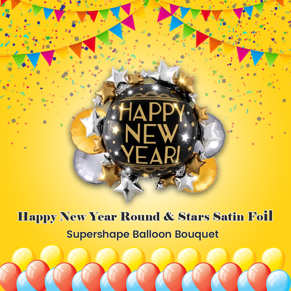 Happy New Year Round & Stars Satin Foil Supershape Balloon Bouquet 5-pk