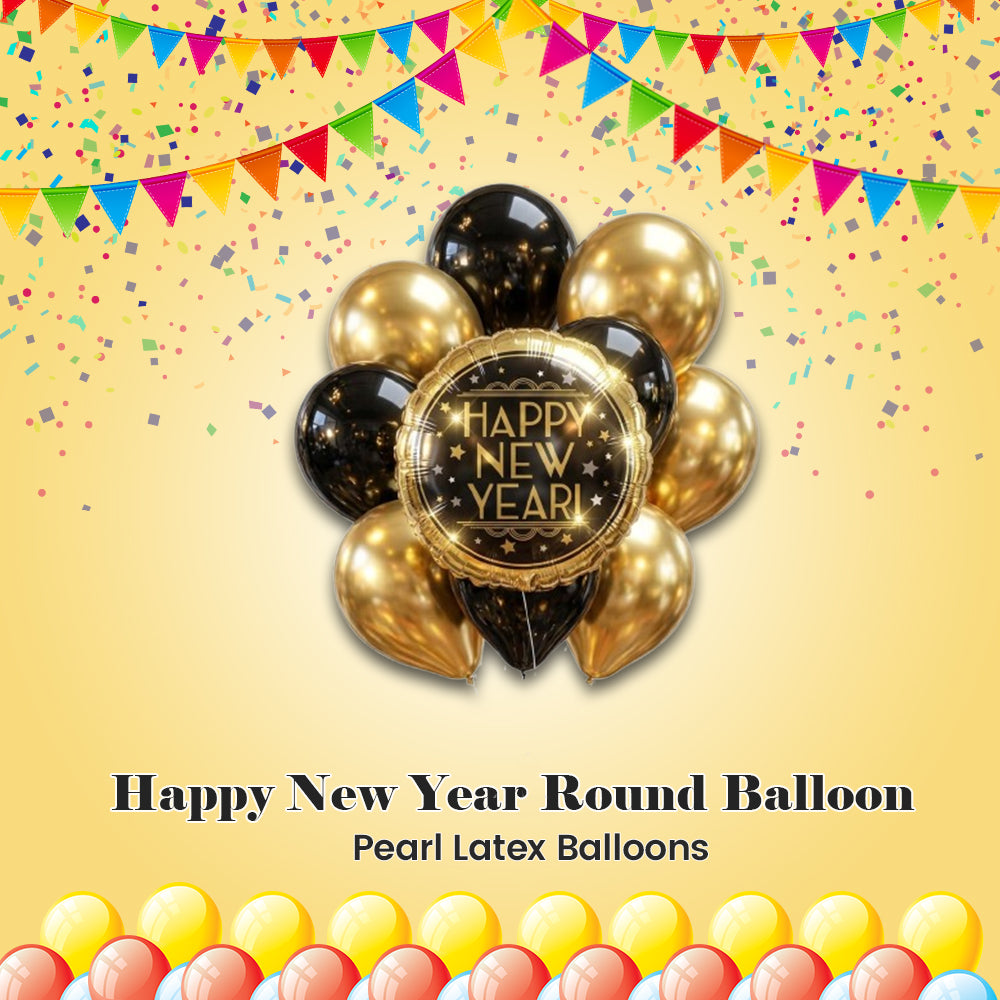 Happy New Year Round Satin Foil Balloon Bouquet with Pearl Latex Balloons 10-pk