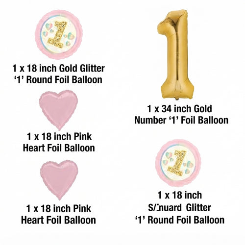 1st Birthday 1 Star/Round Satin Foil Balloon Bouquet 5-pk