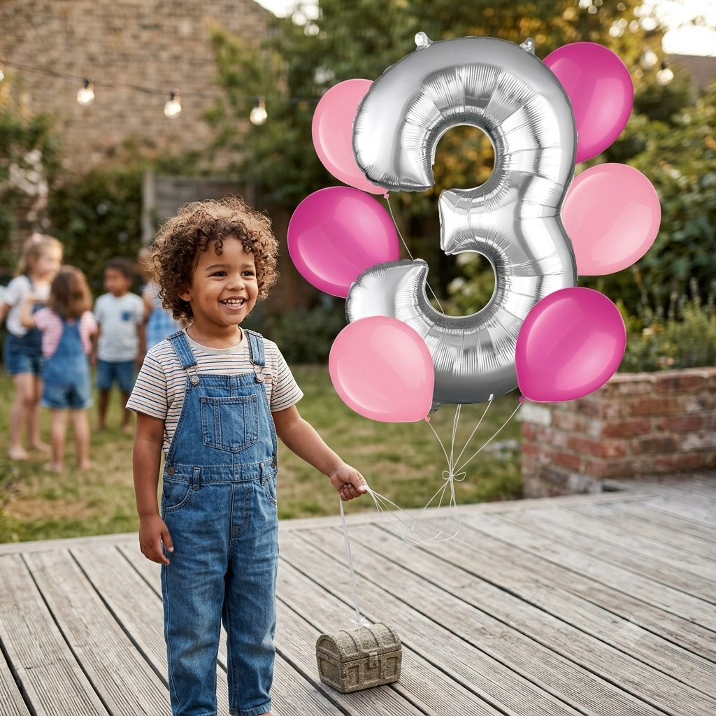 Number 3 Silver Balloon Bouquet with Latex Balloons 7-pk