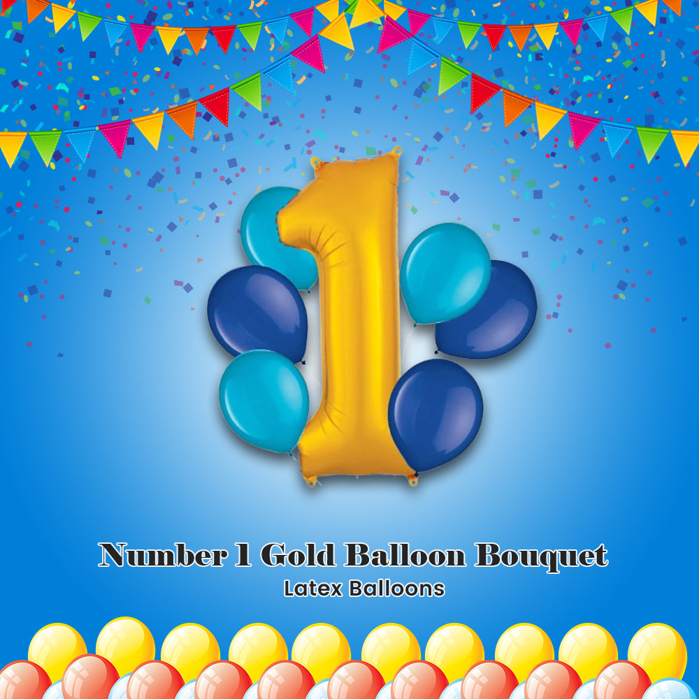 Number 1 Gold Balloon Bouquet with Latex Balloons 7-pk