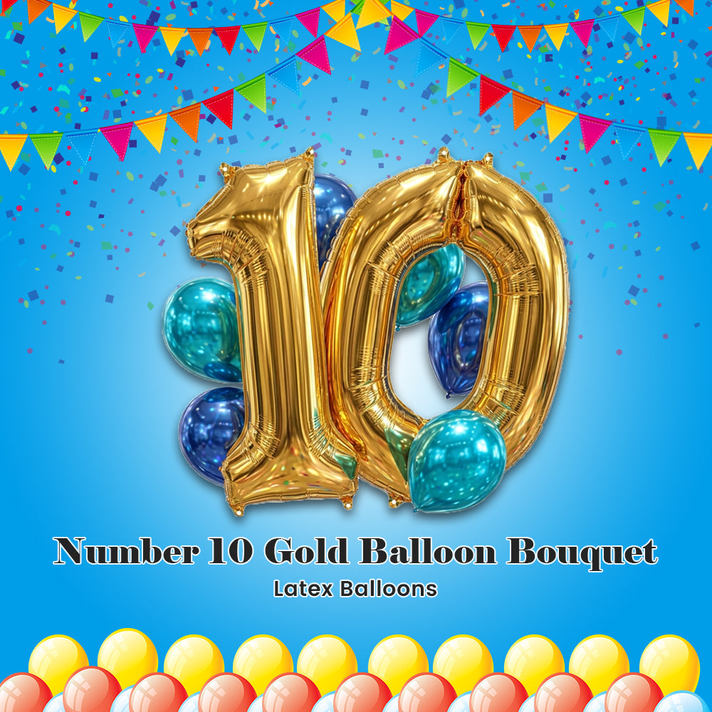 Number 10 Gold Balloon Bouquet with Latex Balloons 8-pk