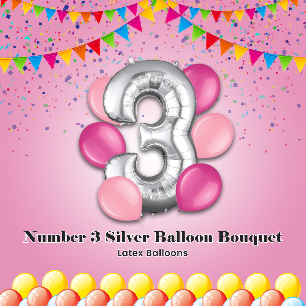 Number 3 Silver Balloon Bouquet with Latex Balloons 7-pk
