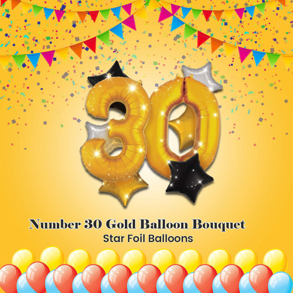 Number 30 Gold Balloon Bouquet with Star Foil Balloons 8-pk