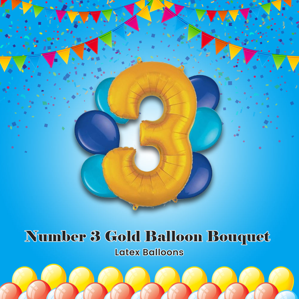 Number 3 Gold Balloon Bouquet with Latex Balloons 7-pk