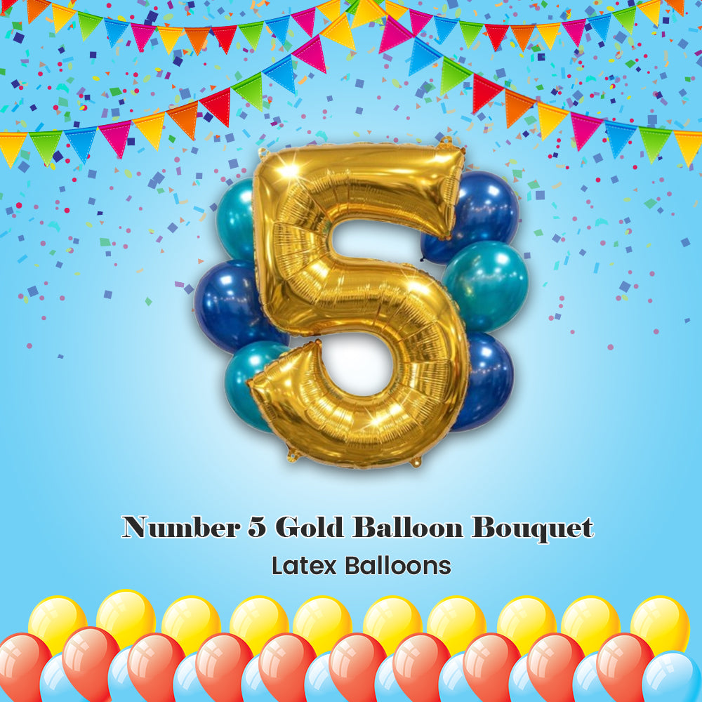 Number 5 Gold Balloon Bouquet with Latex Balloons 7-pk