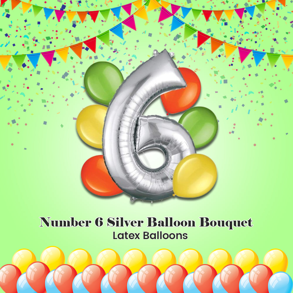 Number 6 Silver Balloon Bouquet with Latex Balloons 7-pk