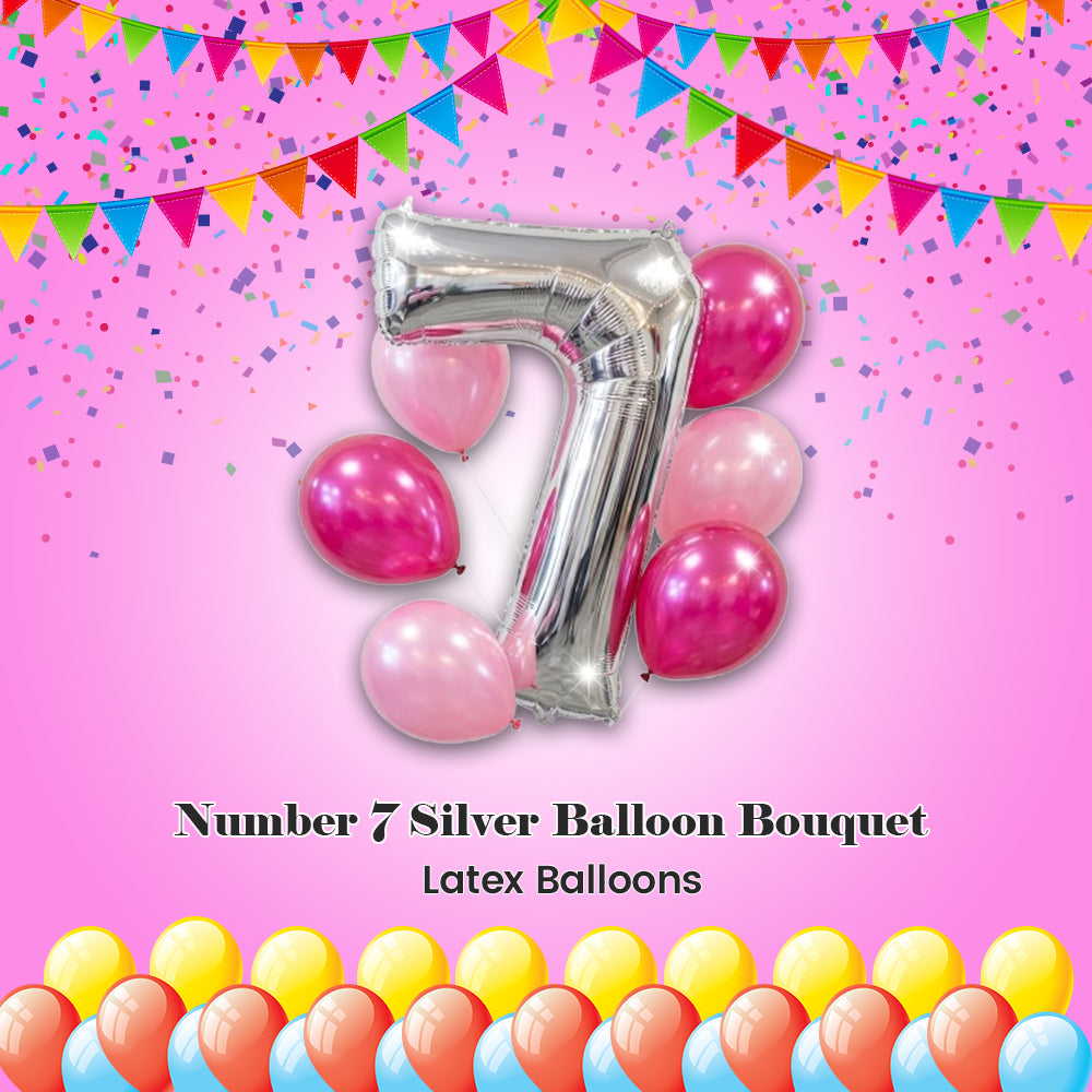 Number 7 Silver Balloon Bouquet with Latex Balloons 7-pk