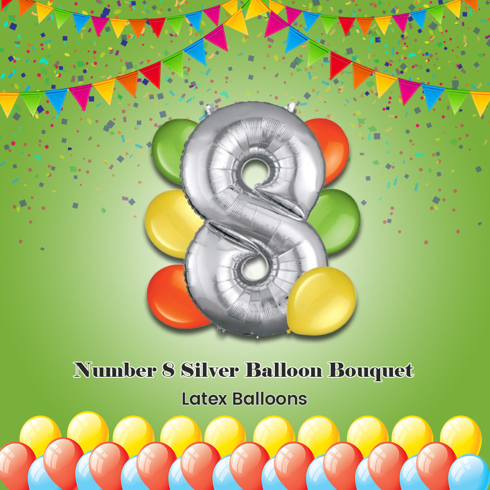 Number 8 Silver Balloon Bouquet with Latex Balloons 7-pk