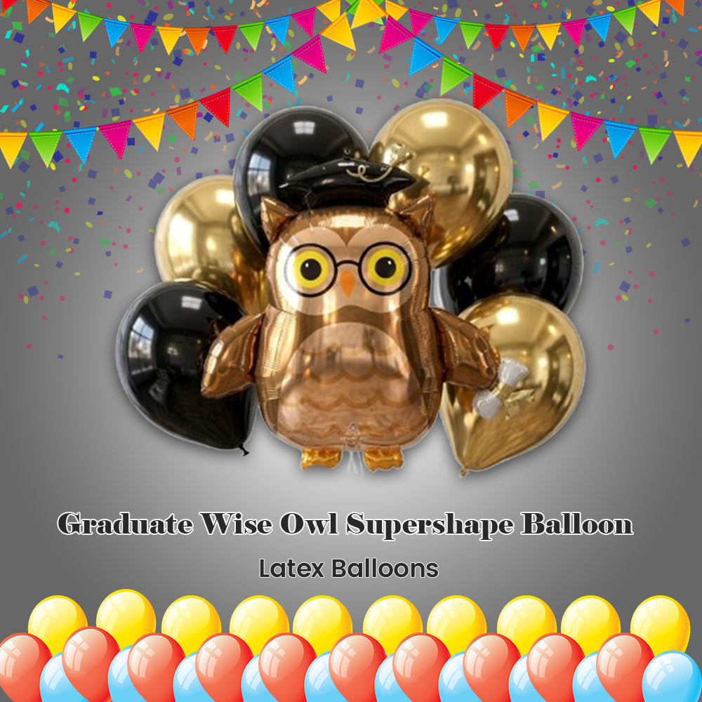 Graduate Wise Owl Supershape Balloon Bouquet with Latex Balloons 7-pk