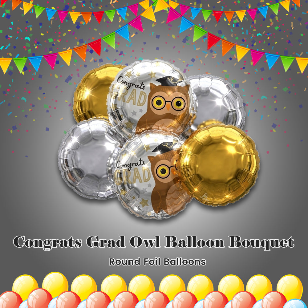 Congrats Grad Owl Balloon Bouquet with Round Foil Balloons 6-pk