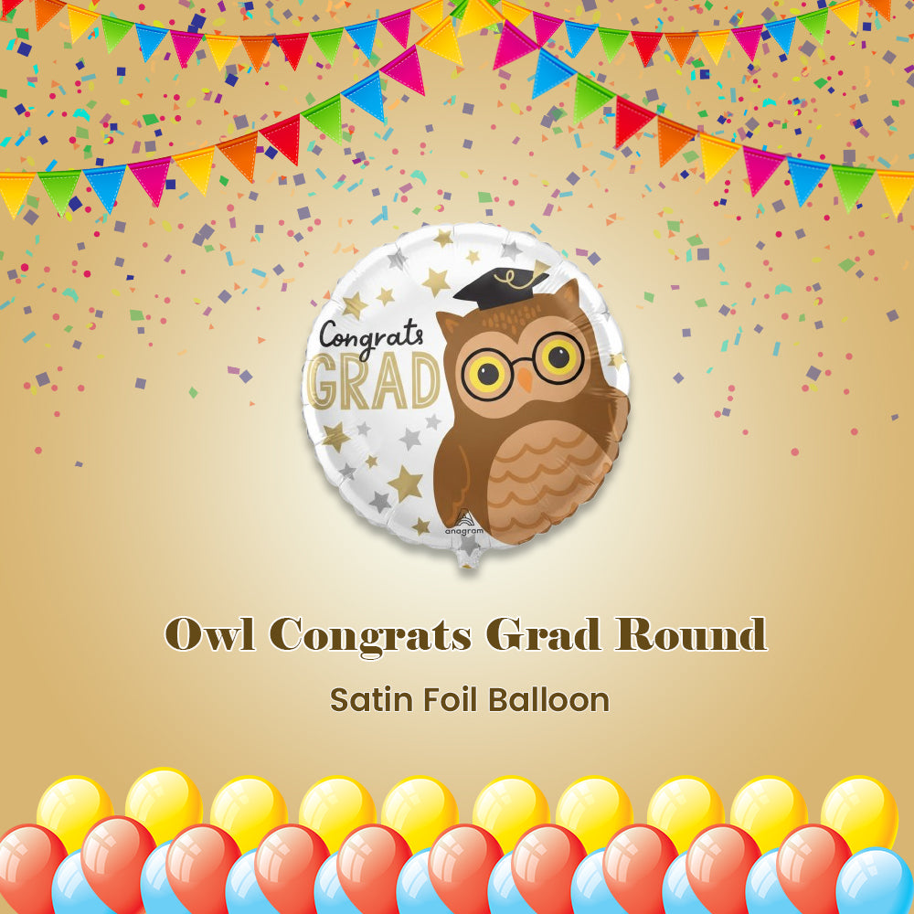 Owl Congrats Grad Round Satin Foil Balloon 18-in