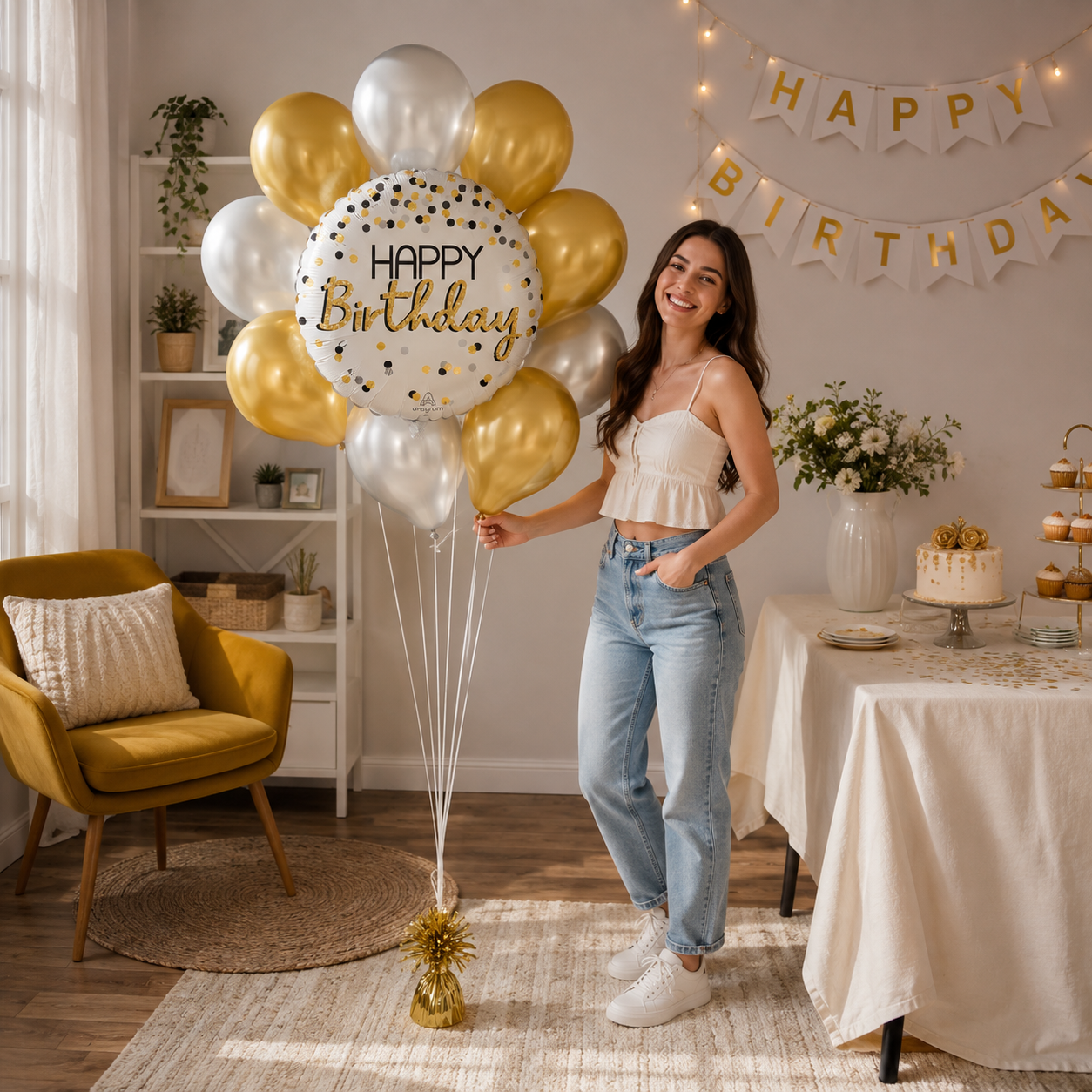 Happy Birthday Polka Dot Balloon Bouquet with Pearl Latex Balloons 10-pk