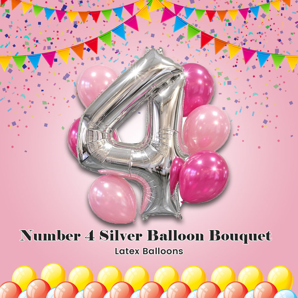 Number 4 Silver Balloon Bouquet with Latex Balloons 7-pk