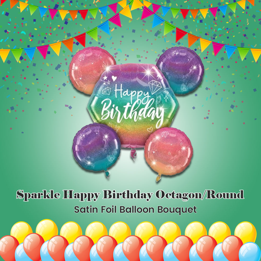 Sparkle Happy Birthday Octagon/Round Satin Foil Balloon Bouquet 5-pk