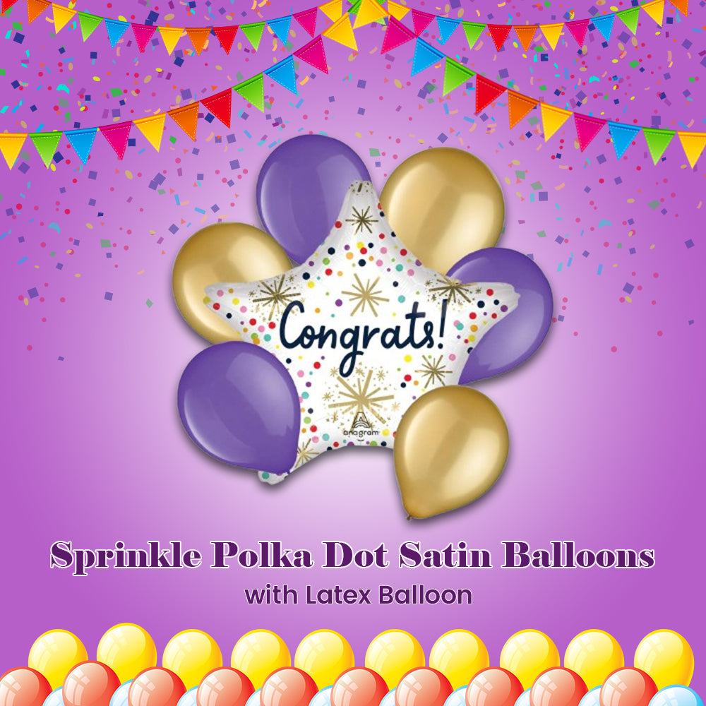 Congrats Star Confetti Sprinkle Polka Dot Satin Foil Balloon Bouquet with Latex Balloons 7-pk
