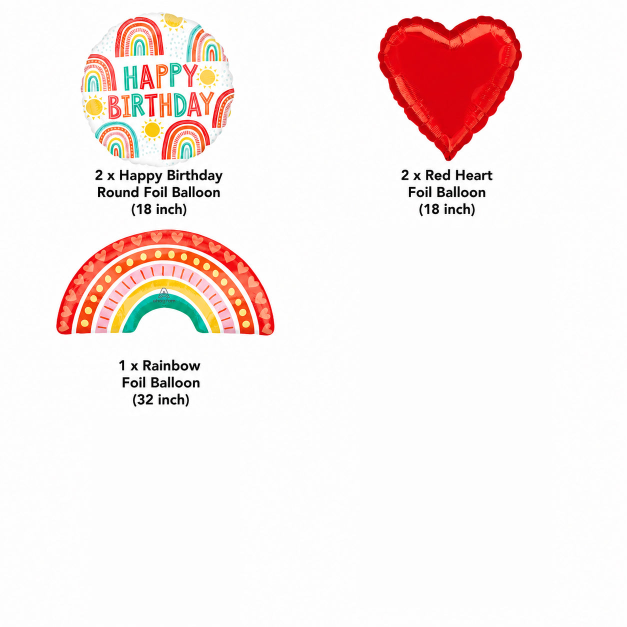 Retro Rainbow Happy Birthday Rainbow/Heart Satin Foil Balloon Bouquet 5-pk
