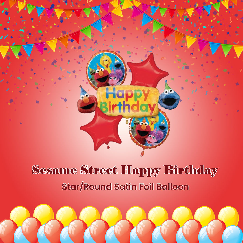 Sesame Street Happy Birthday Star/Round Satin Foil Balloon Bouquet 5-pk