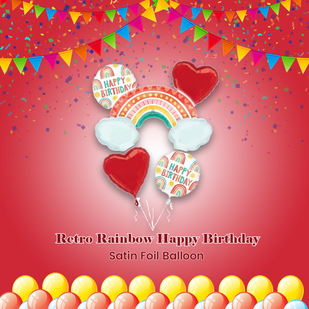 Retro Rainbow Happy Birthday Rainbow/Heart Satin Foil Balloon Bouquet 5-pk
