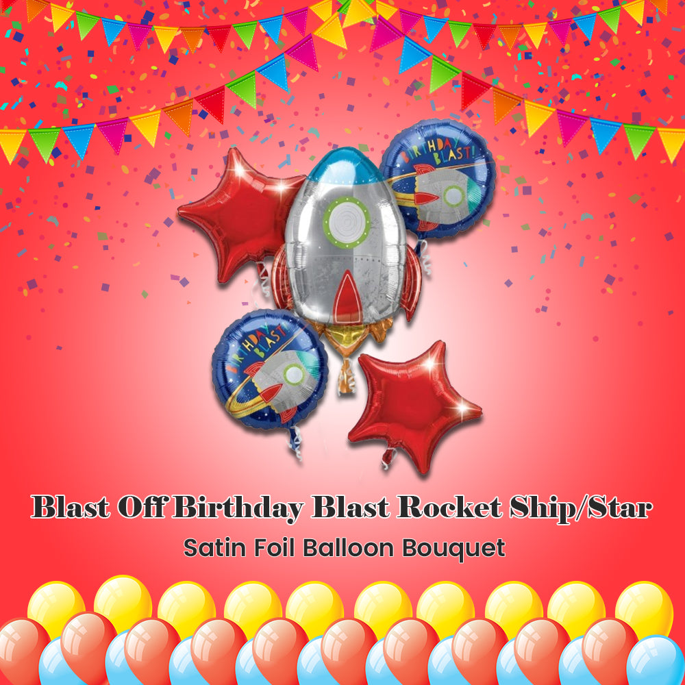 Blast Off Birthday Blast Rocket Ship/Star Satin Foil Balloon Bouquet 5-pk