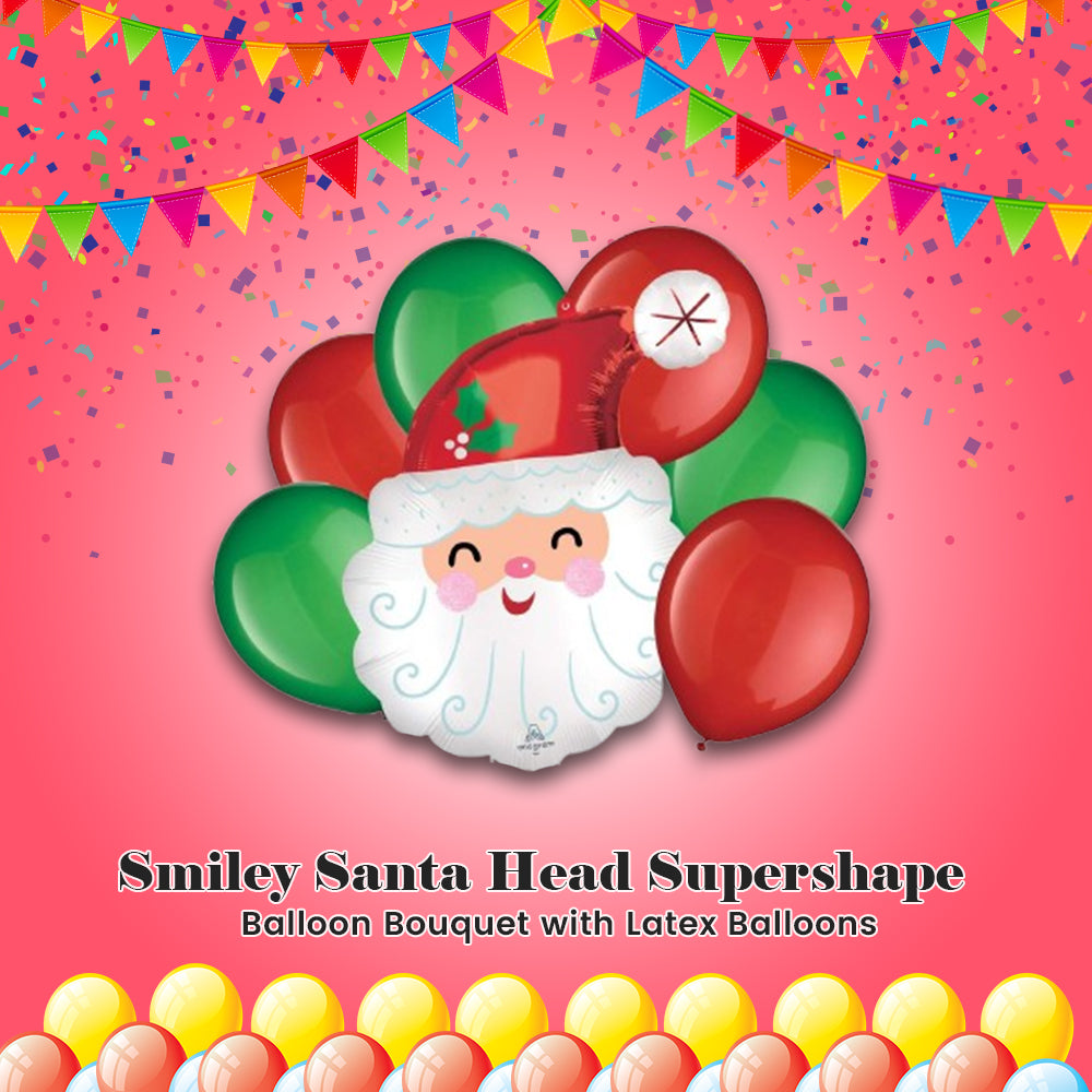 Smiley Santa Head Supershape Balloon Bouquet with Latex Balloons 7-pk