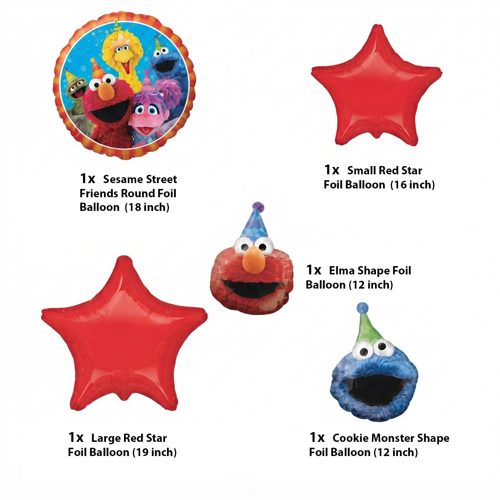 Sesame Street Happy Birthday Star/Round Satin Foil Balloon Bouquet 5-pk