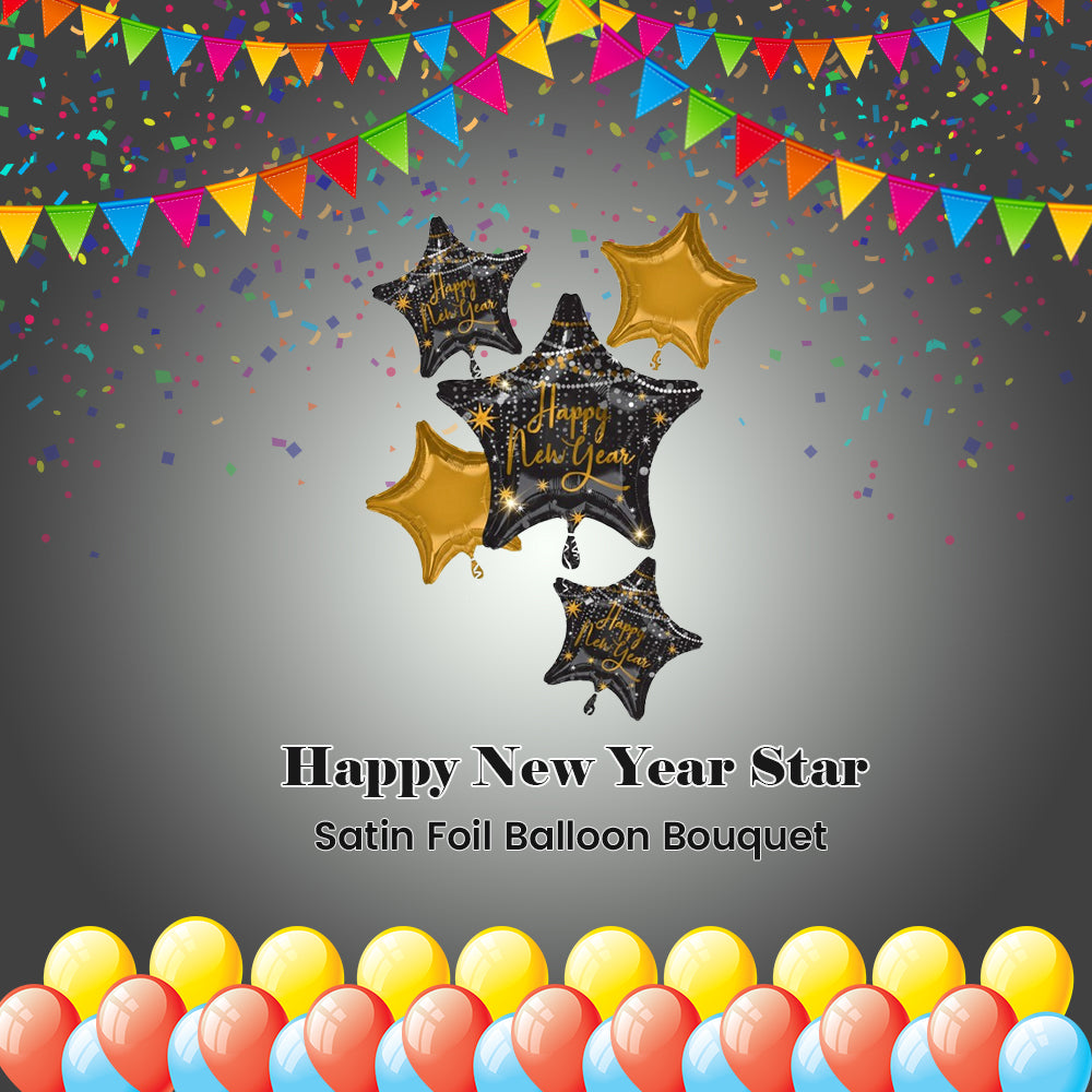 Happy New Year Star Satin Foil Balloon Bouquet 5-pk