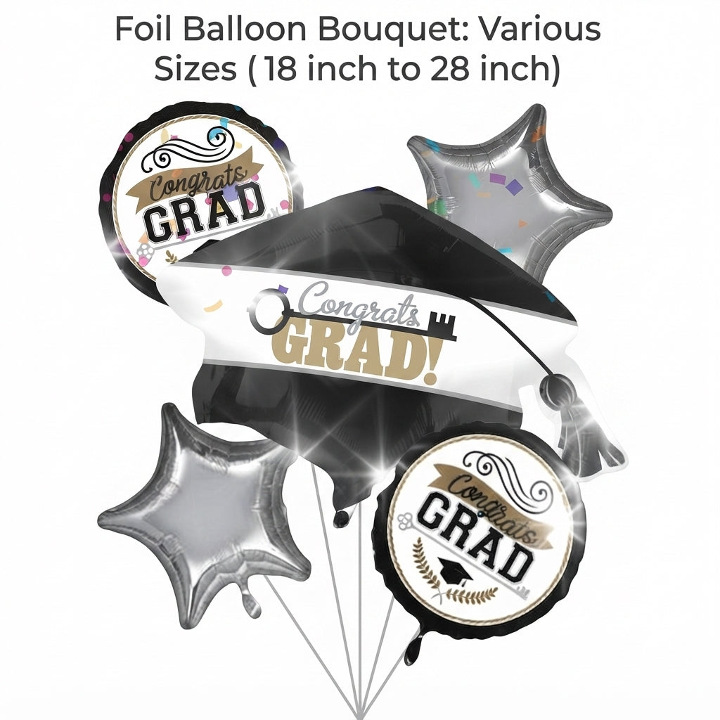 Congrats Grad Graduation Cap Satin Foil Balloon Bouquet 5-pc