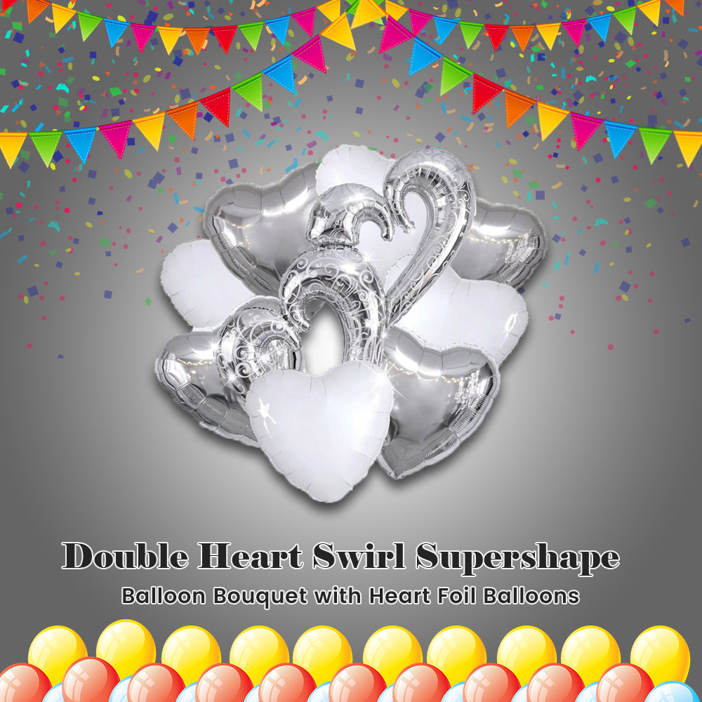 Double Heart Swirl Supershape Balloon Bouquet with Heart Foil Balloons 9-pk