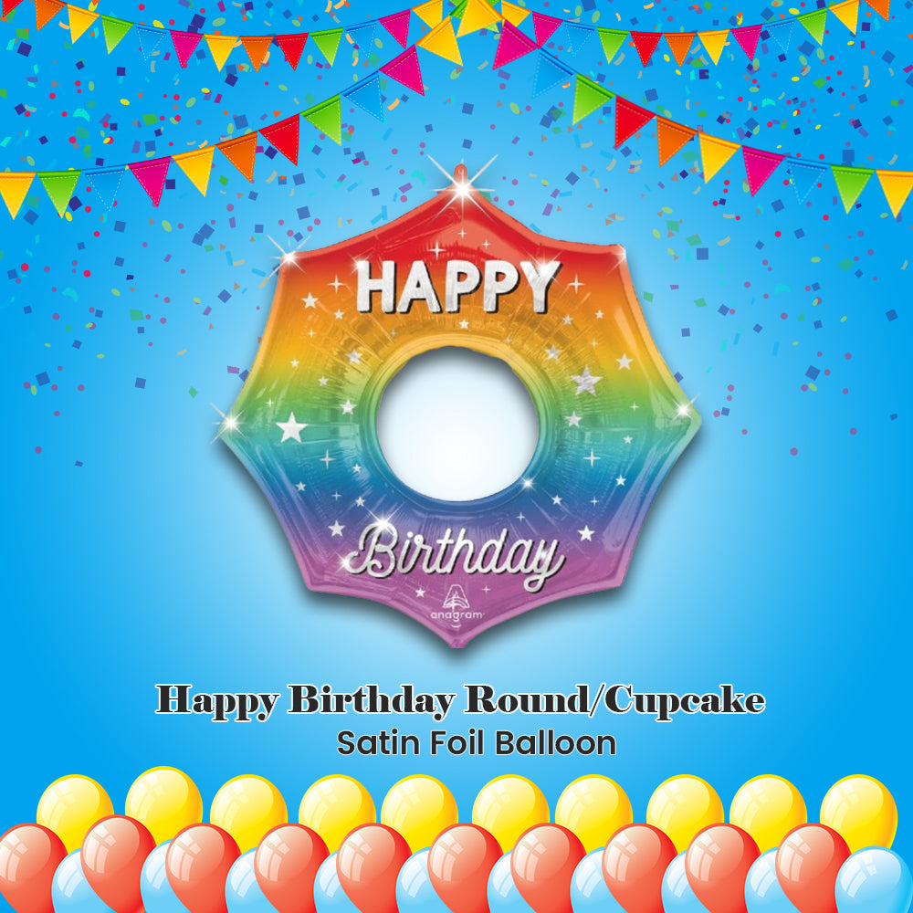 Happy Birthday Round/Cupcake Satin Foil Balloon 32-in