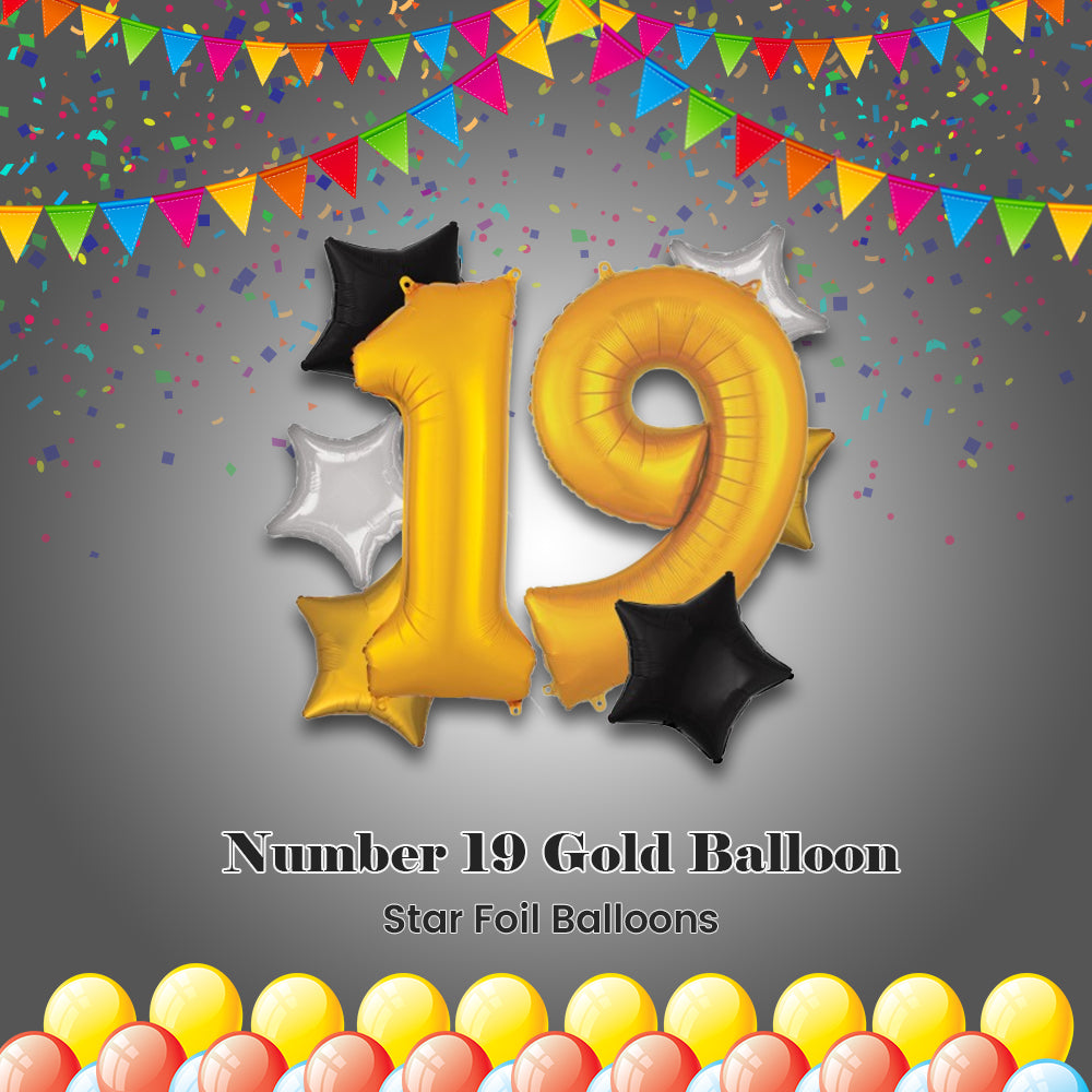 Number 19 Gold Balloon Bouquet with Star Foil Balloons 8-pk