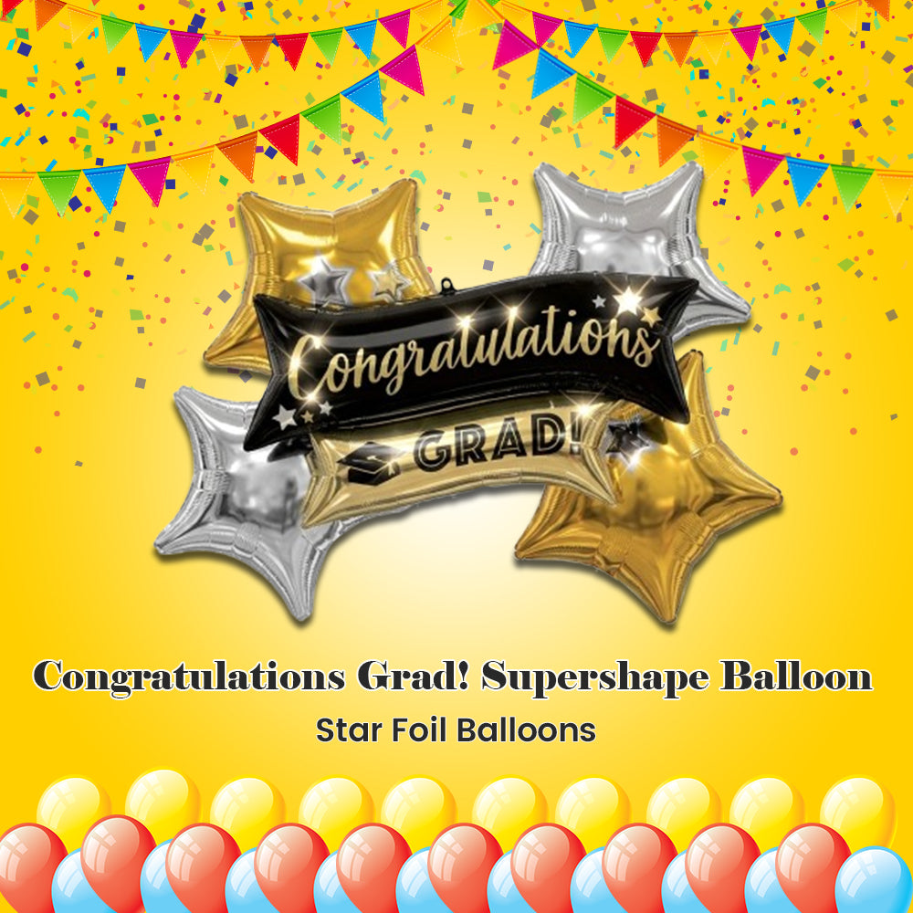 Congratulations Grad! Supershape Balloon Bouquet with Star Foil Balloons 5-pk