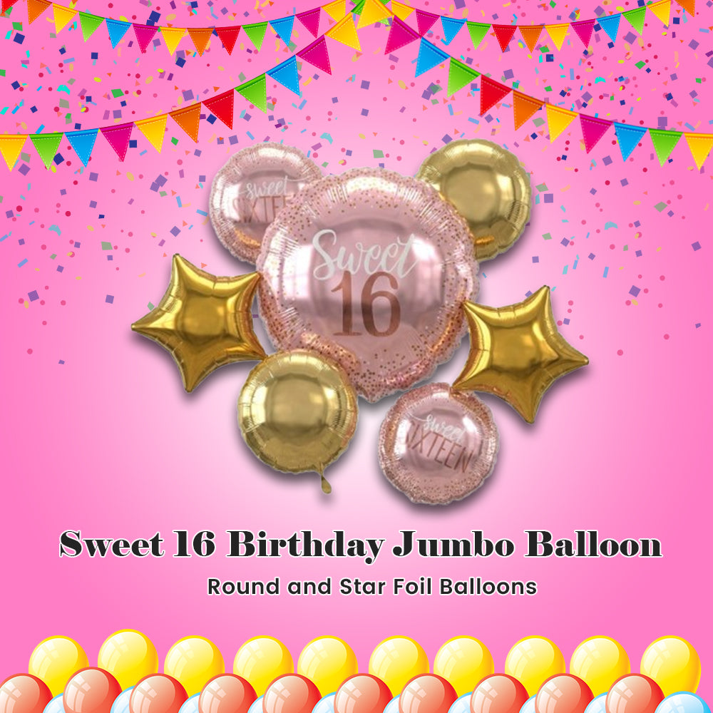 Sweet 16 Birthday Jumbo Balloon Bouquet with Round and Star Foil Balloons 7-pk