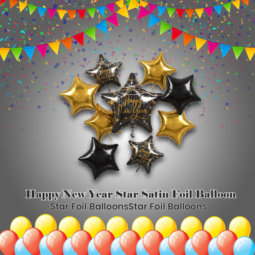Happy New Year Star Satin Foil Balloon Bouquet with Star Foil Balloons 9-pk