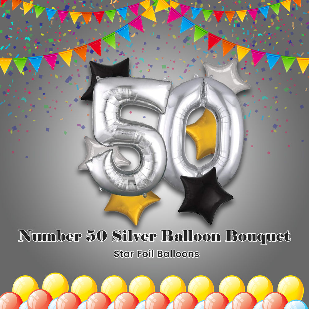 Number 50 Silver Balloon Bouquet with Star Foil Balloons 8-pk