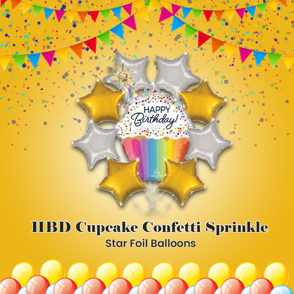 Happy Birthday! Cupcake Confetti Sprinkle Supershape Balloon Bouquet with Star Foil Balloons 9-pk