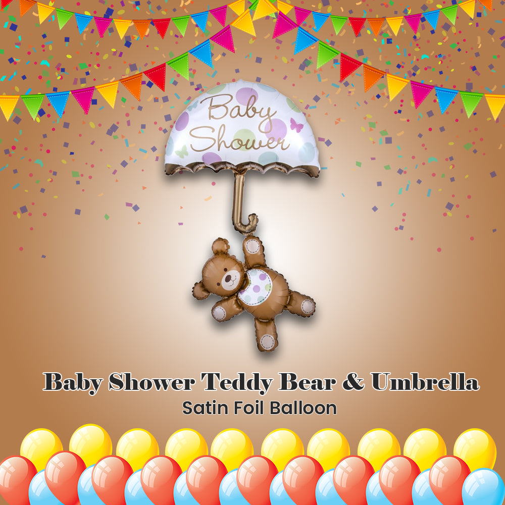 Baby Shower Teddy Bear & Umbrella Satin Foil Balloon 49-in