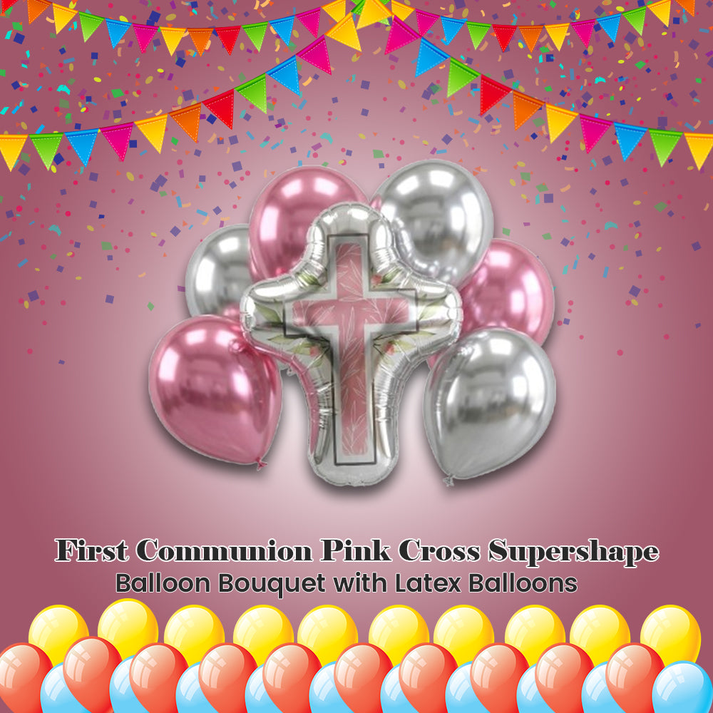 First Communion Pink Cross Supershape Balloon Bouquet with Latex Balloons 7-pk