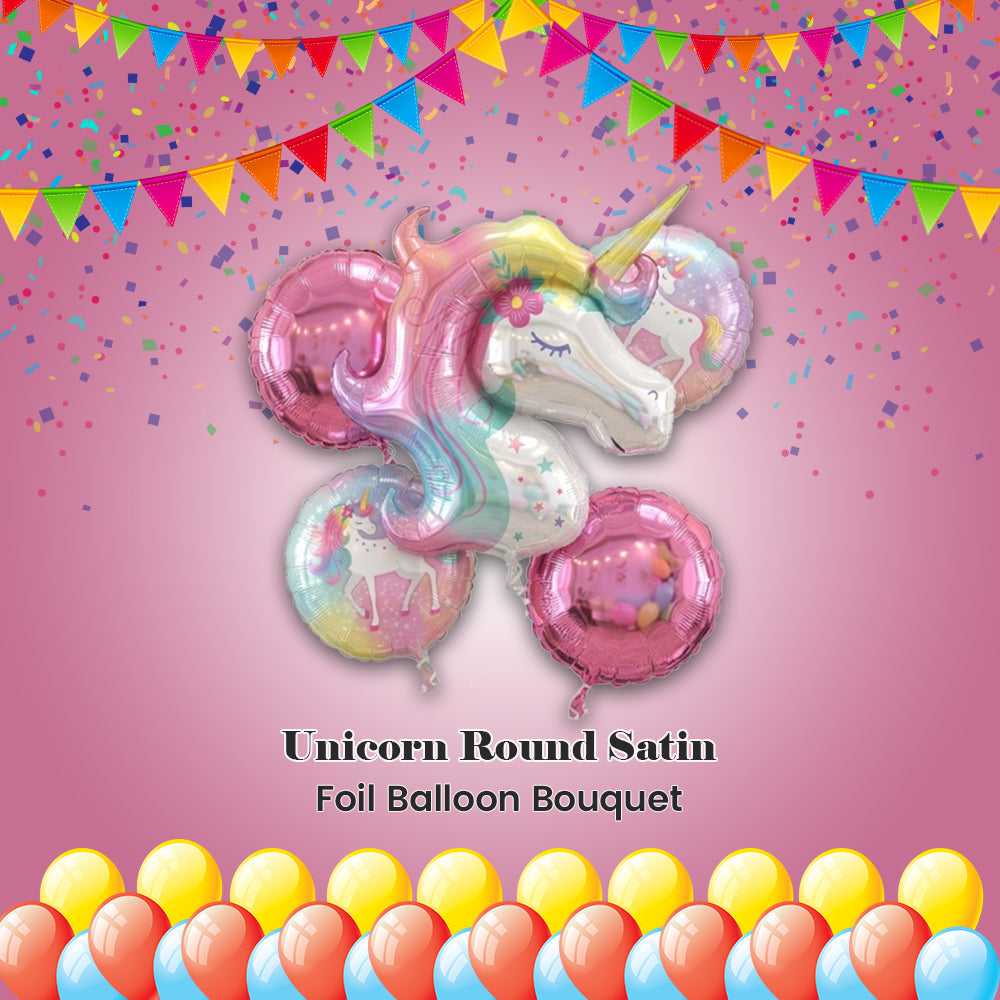 Unicorn Round Satin Foil Balloon Bouquet 5-pk