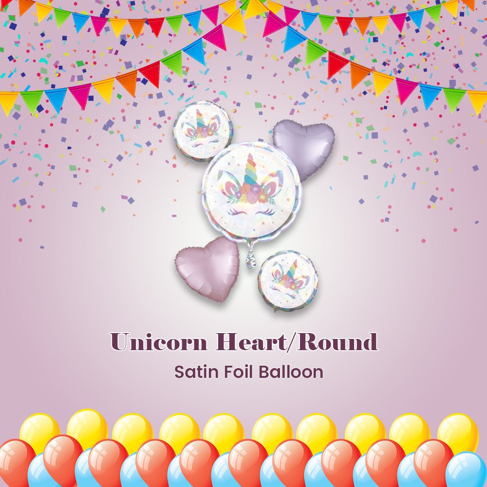 Unicorn Heart/Round Satin Foil Balloon Bouquet 5-pk